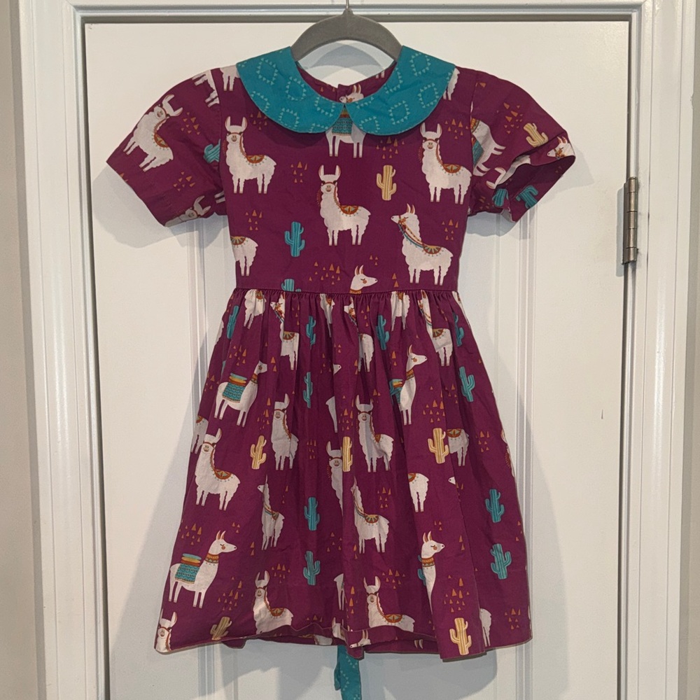 Eleanor Rose Girls' Llama Print Dress with Teal Collar